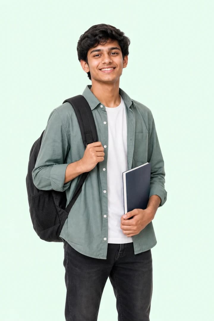 Indian student preparing for class with a notebook